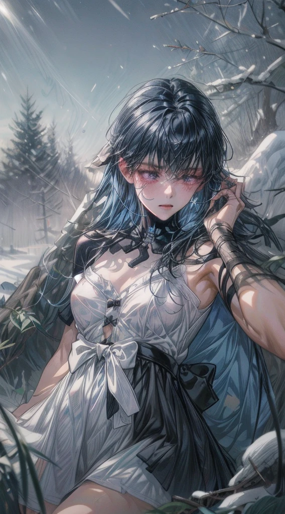 nude anime girl,black mix blue hair ,18+, no clothes, sweet, sad face, cry, sad,show breast, medium , wet, tits, nipples, horny, sexual, full HD,lying in the grass, forest, snow
