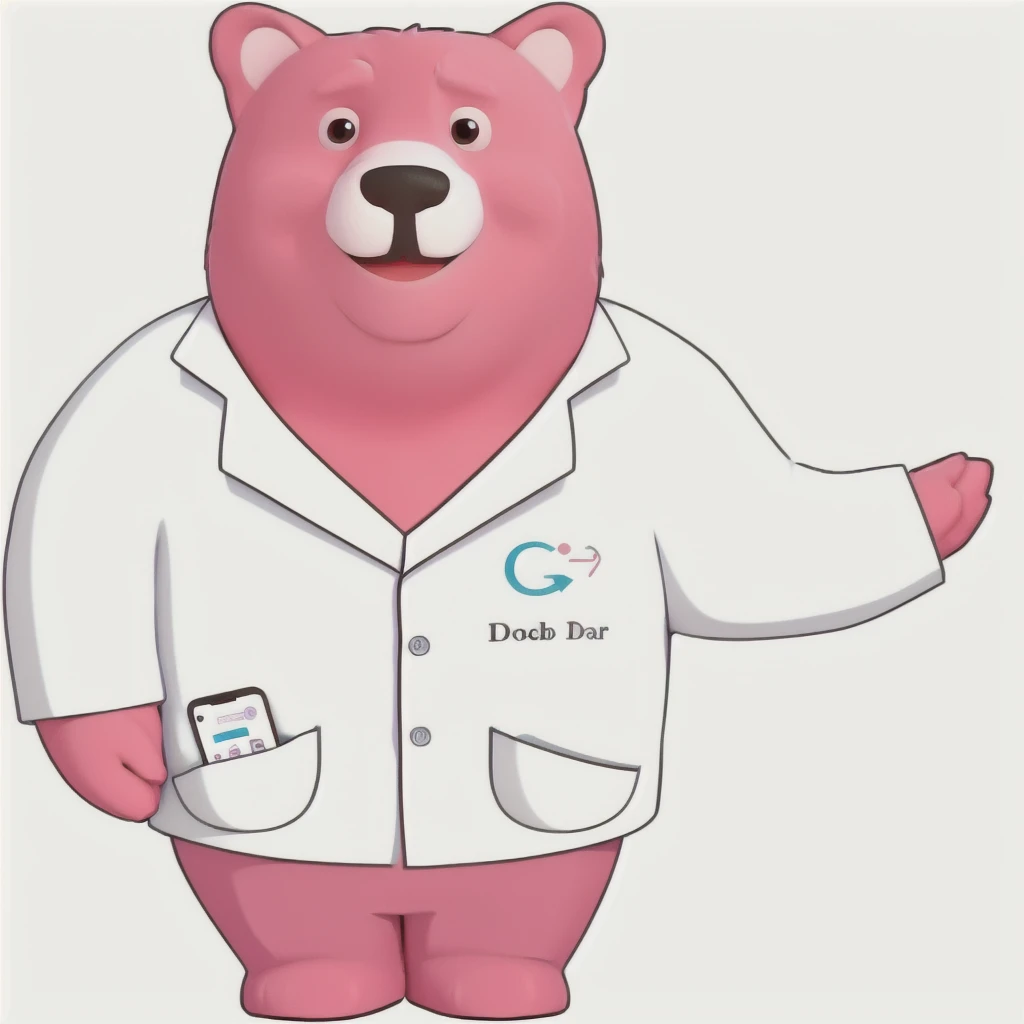 cartoon of a pink bear in a lab coat, with smartphone in his left pocket, holding a notebook in his right hand and a pen in his left, both hands in front of his body. On the back a studio reception with the writing RECEPTION on the wall, illustration style