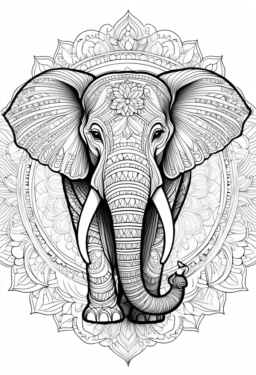 A striking black and white line art coloring page designed for adults with white background, featuring a majestic elephant in a mandala-inspired style. The elephant is adorned with intricate patterns that include floral and geometric designs, making it an engaging and detailed work of art. The illustration focuses on crisp, clean lines and bold outlines, without any shading or color, allowing the user to bring their own vibrancy to the piece. The minimalistic design, with its thick lines and absence of background details, creates a soothing coloring experience for adults seeking calming and creative activities. illustration