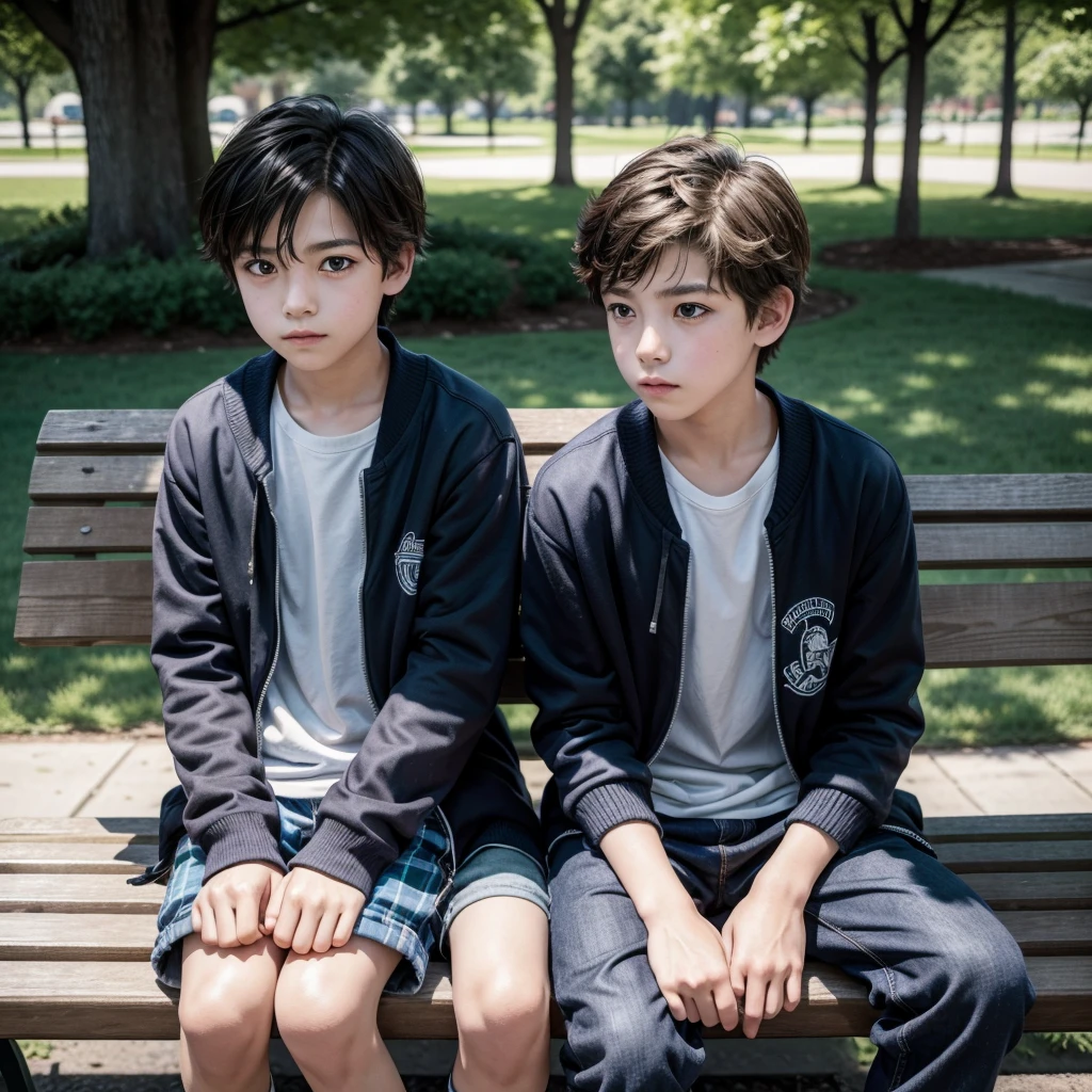 two  boys sitting on a park bench, looking at the camera.