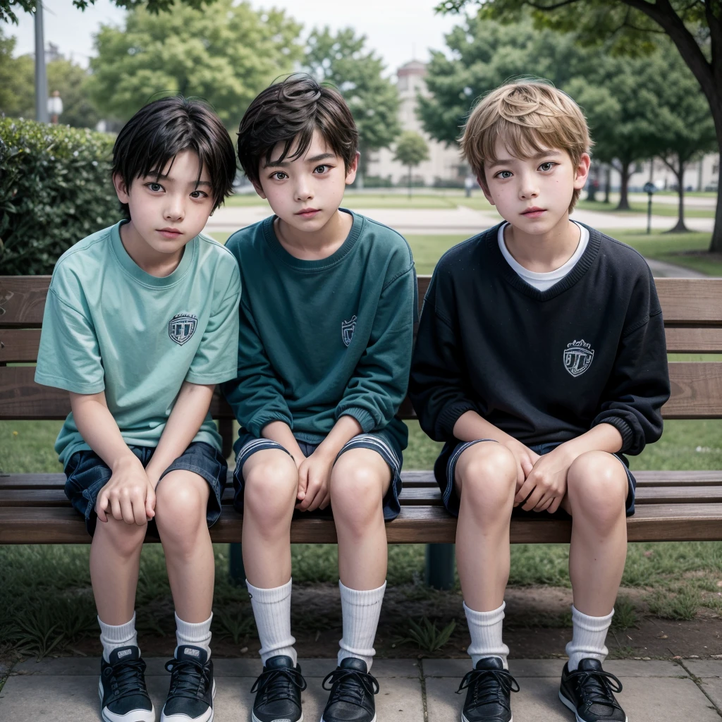 two 13 year old boys sitting on a park bench, looking at the camera.