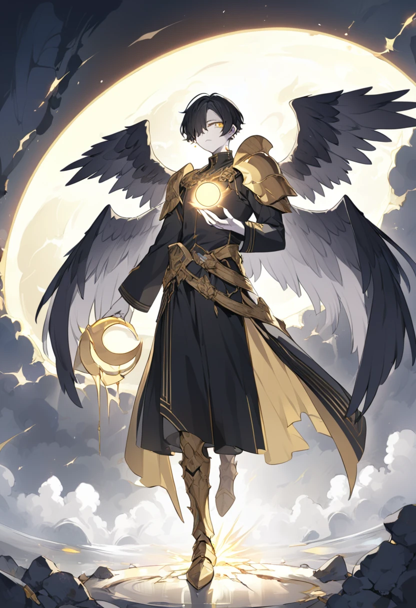 1man, angel, pale skin, black hair, very short hair, white hairlocks, golden eyes, broken face, crack on the face, radiance coming from the crack, missing eye, black wings, eyed wings, black robes, golden details, golden shoulder pads, golden prothesis in right hand, clawsprothesis, eclipse, in the hand of god, radiance, fullbody
