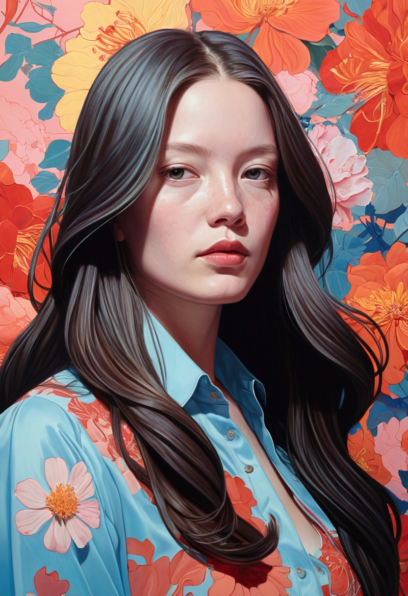 a painting of a woman with a long hair and a flower, james jean and petra cortright, james jean marc, james jean ”, james jean andrei riabovitchev, kilian eng vibrant colors, james jean soft light 4 k, james jean soft light 4k, kilian eng vibrant colours, style of james jean, inspired by James Jean, james jean art