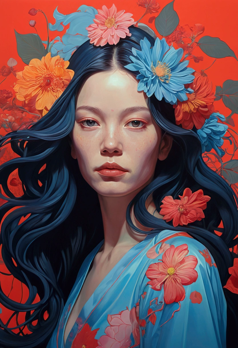 a painting of a woman with a long hair and a flower, james jean and petra cortright, james jean marc, james jean ”, james jean andrei riabovitchev, kilian eng vibrant colors, james jean soft light 4 k, james jean soft light 4k, kilian eng vibrant colours, style of james jean, inspired by James Jean, james jean art