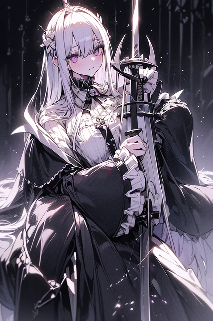 white gothic ta angel of punishment, long white hair, purple eyes, 4 wings, (((((holding a black sword))))), mature, slim, tall, (best quality,4K,8K,mackerel,masterpiece:1.2),very detailed,(realistic,photorealistic,photo-realistic:1.37),intricate details,Contrast lighting,cinematic lighting,dramatic shadows,surreal,mysterious,ethereal