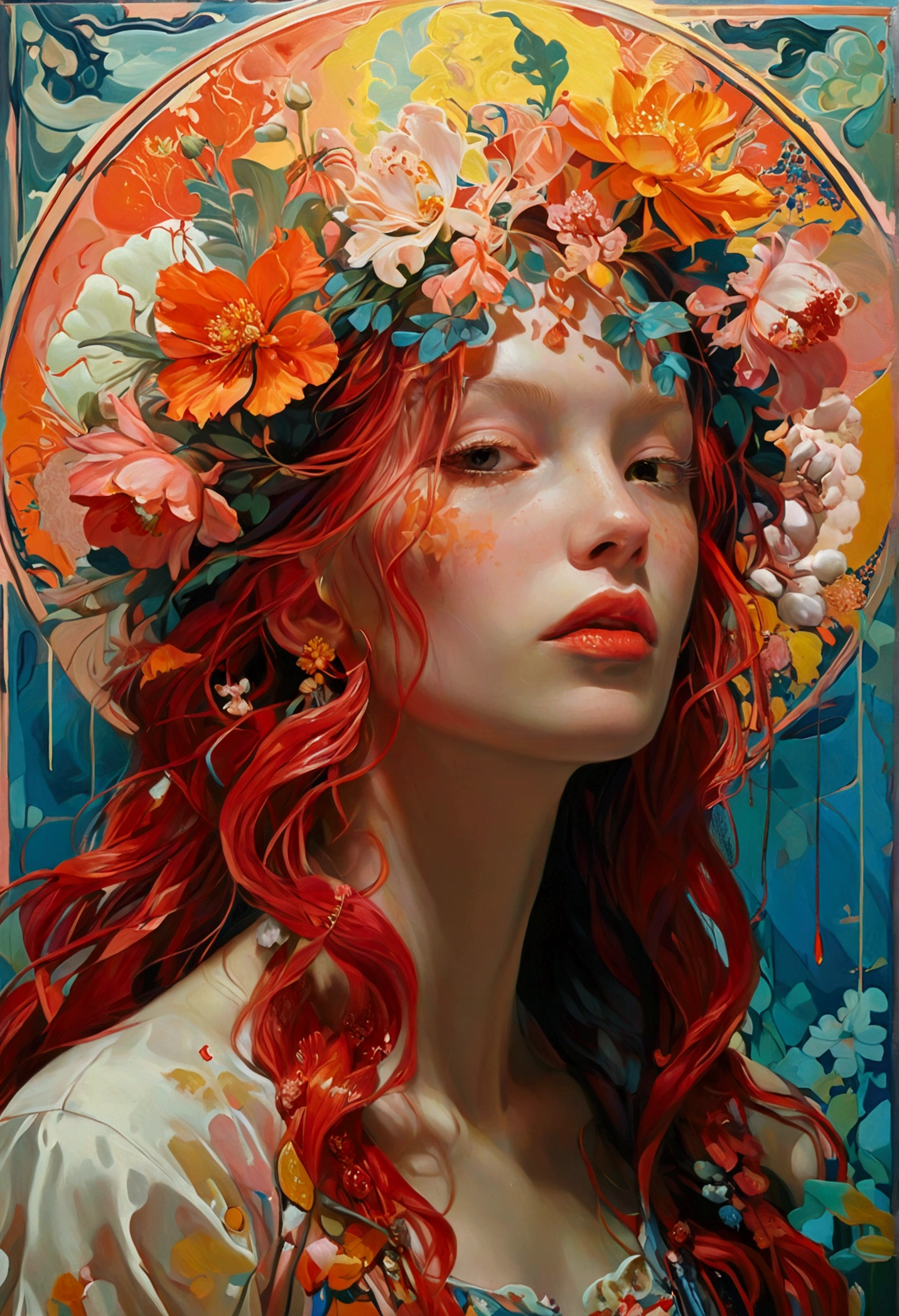 a painting of a woman with a long hair and a flower, an ultrafine detailed painting inspired by James Jean, reddit, neo-fauvism, james jean and petra cortright, james jean marc, james jean ”, james jean andrei riabovitchev, kilian eng vibrant colors, james jean soft light 4k, kilian eng vibrant colours