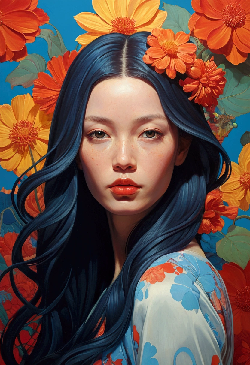 a painting of a woman with a long hair and a flower, an ultrafine detailed painting inspired by James Jean, reddit, neo-fauvism, james jean and petra cortright, james jean marc, james jean ”, james jean andrei riabovitchev, kilian eng vibrant colors, james jean soft light 4k, kilian eng vibrant colours