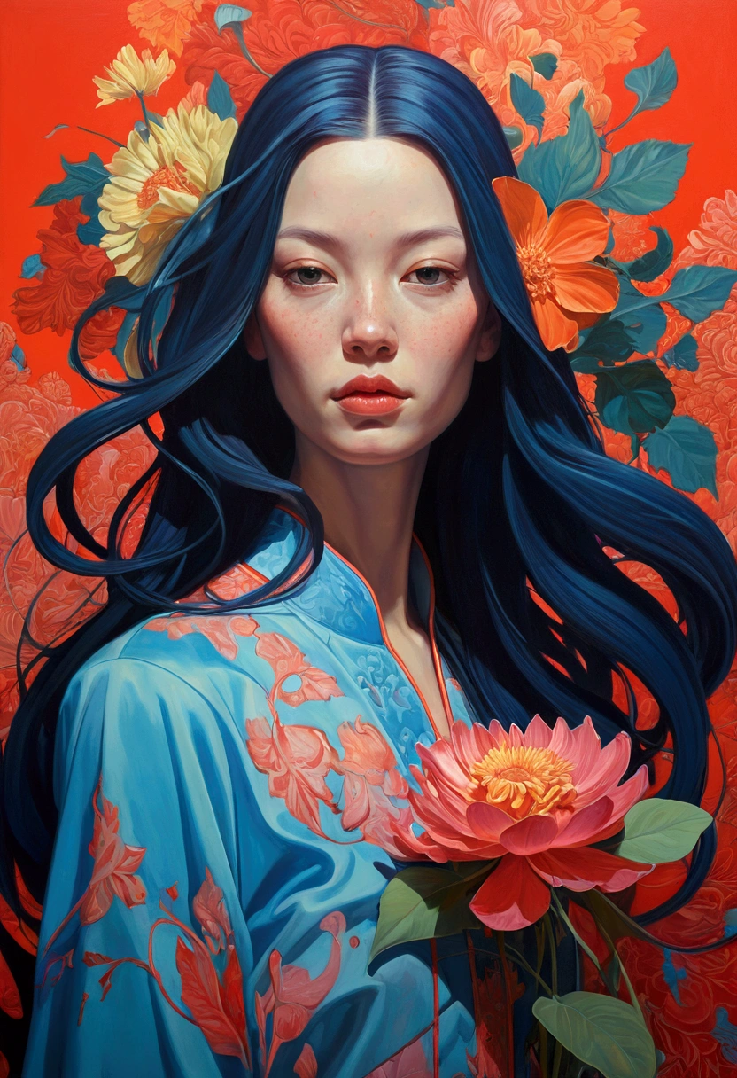 a painting of a woman with a long hair and a flower, an ultrafine detailed painting inspired by James Jean, reddit, neo-fauvism, james jean and petra cortright, james jean marc, james jean ”, james jean andrei riabovitchev, kilian eng vibrant colors, james jean soft light 4k, kilian eng vibrant colours