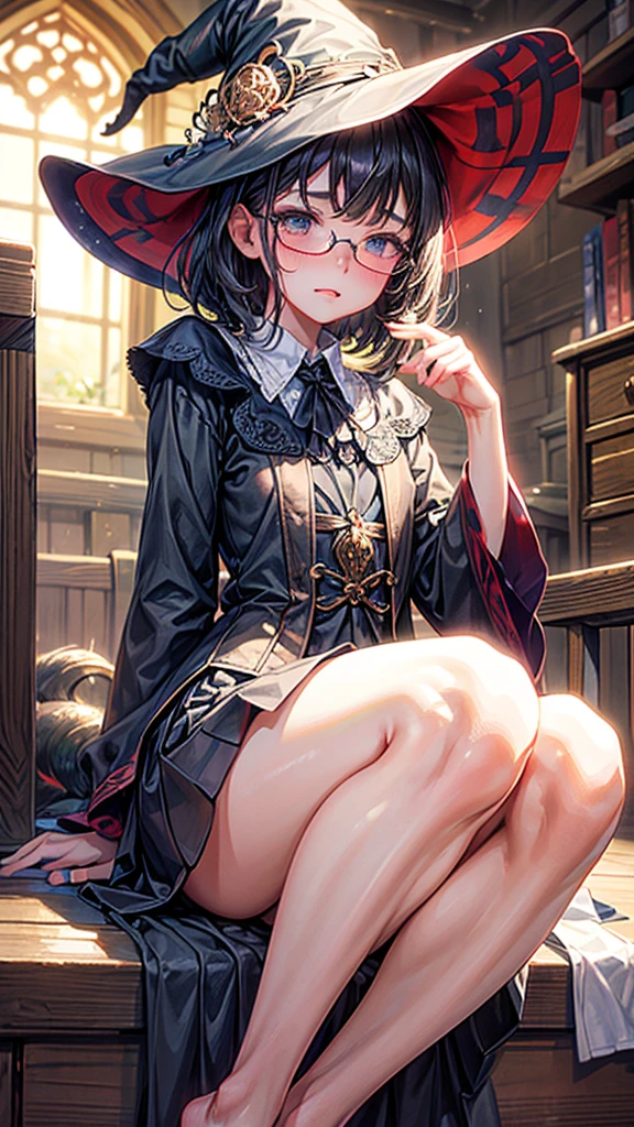 (Highest quality, masterpiece), Intricate details, Sexual, (((witch))), (witchの帽子), ((ボタンを外したwitchの服)), orgasm, Love Juice, Small breasts, Pussy, , , Gray Hair, Messy short hair, Wear glasses, Plain Girl, Very embarrassed face, blush, ((whole body)), Blurred Background, Medieval bedroom,