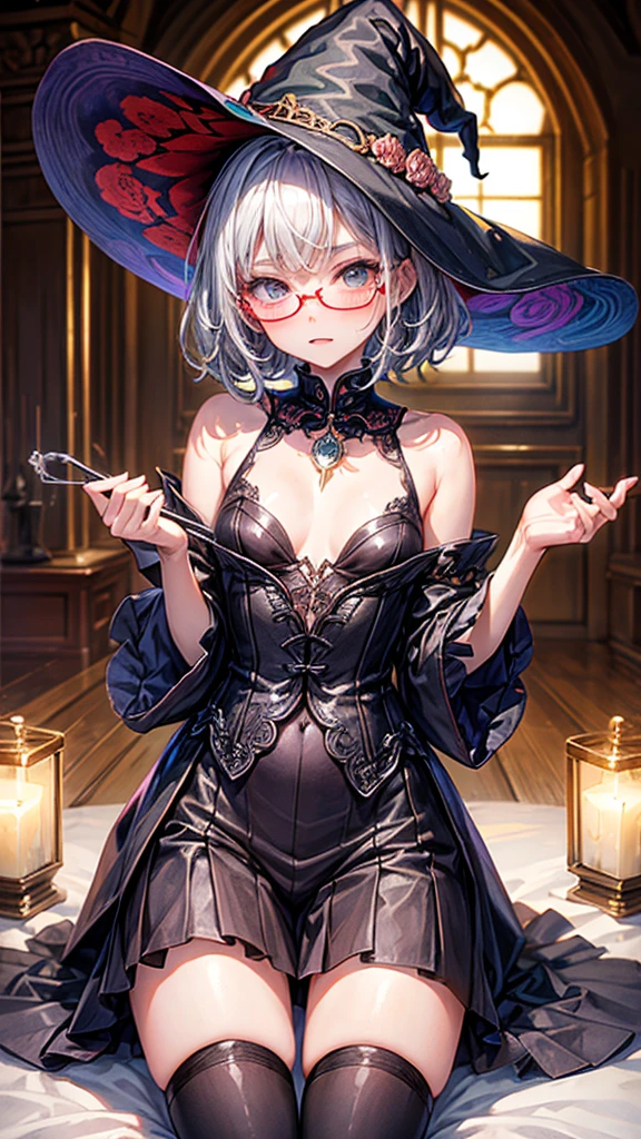 (Highest quality, masterpiece), Intricate details, Sexual, (((witch))), (witchの帽子), ((ボタンを外したwitchの服)), orgasm, Love Juice, Small breasts, Pussy, 15 years, , Gray Hair, Messy short hair, Wear glasses, Plain Girl, Very embarrassed face, blush, ((whole body)), Blurred Background, Medieval bedroom,