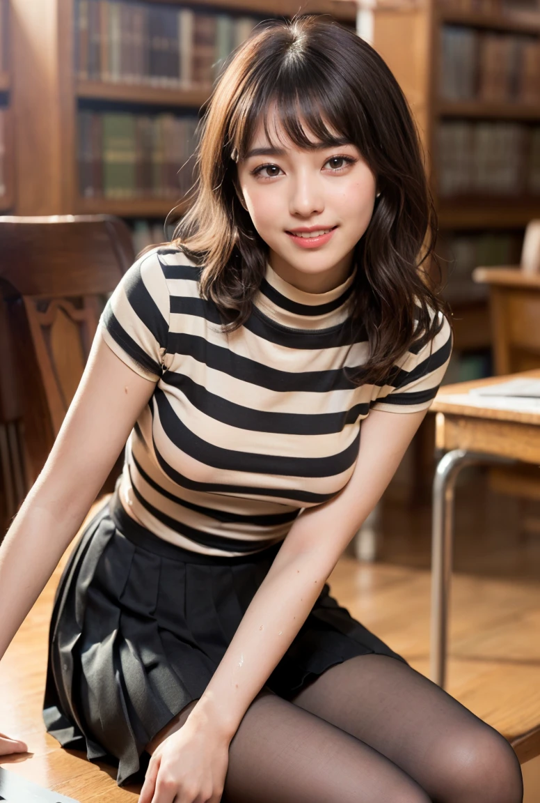 (((neat woman, perverted:1.9、kind big smile,deep make up:1.8,touch own nipples over clothes:1.9,little pussy juice:1.9))),(((sitting on the desk,kind big smile:1.8,blush:1.8,deep cheek:1.8))),please touch me,eat me,tempting viewer,i want you))),(((blush,blush,deep cheek,deep cheek)))),(cinematic lighting), (Photo real:1.4)、(A hyper-realistic:1.4)、(Photorealistic:1.3)、 (gentle lighting: 1.05)、(Improve the lighting quality of your video:0.9)、 32k、25years old woman、photorealistic lighting、Back lighting、Facial Lights、Ray Trace、(bright:1.2)、(Increase quality:1.4)、 (best quality real texture skin)、Fair eyes,delicate face、 Close-up of the face, ((((Wearing the tight black striped cotton t-shirts,high-neck,pleated beige skirt,high-heel:1.4))),(Bodyline mood improvement:1.1)、Glossy skin、good figure,perfect anatomy,Beautiful actress,(((beautiful huge soft breasts:1.8,slender waist,slender hip,long slender legs,8heads tall))),(((8heads tall))),(((brown wavy midium hair,bangs))),(((sweat skin,shiny skin,in the beautiful library,super clean night view,in the night))),