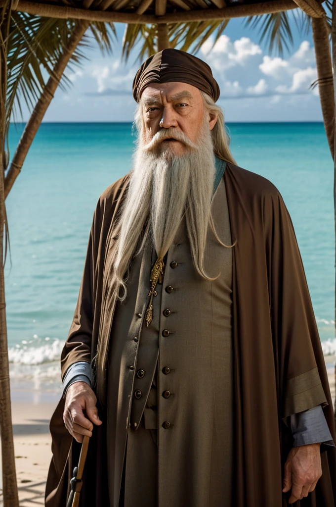 clearly, here is a detailed prompt, that captures your description of Dumbledore:
---
"A detailed portrait of Albus Dumbledore from Harry Potter, dressed in a Hawaiian shirt. He wears a casual posture and has a burning cigar in his mouth. His pockets are full of banknotes, that stand out visibly. Dumbledore has his characteristic long white beard and a slightly mischievous expression. The background should be a relaxed, tropical beach setting, to underline the relaxed mood of the picture. The image was intended to provide a humorous and surprising contrast to Dumbledore's usual appearance and surroundings, but still indicate his wisdom and authority."