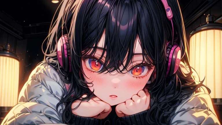 Perfect Image, 8K, night、Girl listening to music in a cozy room, Use headphones, 2D anime style, Lo-Fi, hard disk, Dark Environment