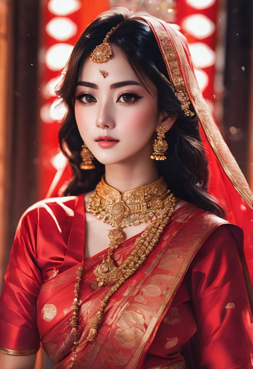 a cute anime girl mitsuri in a red sari,glamour pose,red and cinematic lighting,by Natasha Tan,red clothes,by Emma Andijewska,stunning elegant pose,wearing red,sensuous,gold and red,wearing a red outfit,all red,glamorous pose,photorealistic,ultra high quality,ultra-detailed face,fujifilm,kodak,nikon,canon,8k,hyper realistic