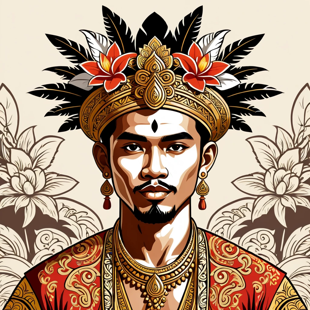 man in balinese folk outfit, vector graphics, strong contours