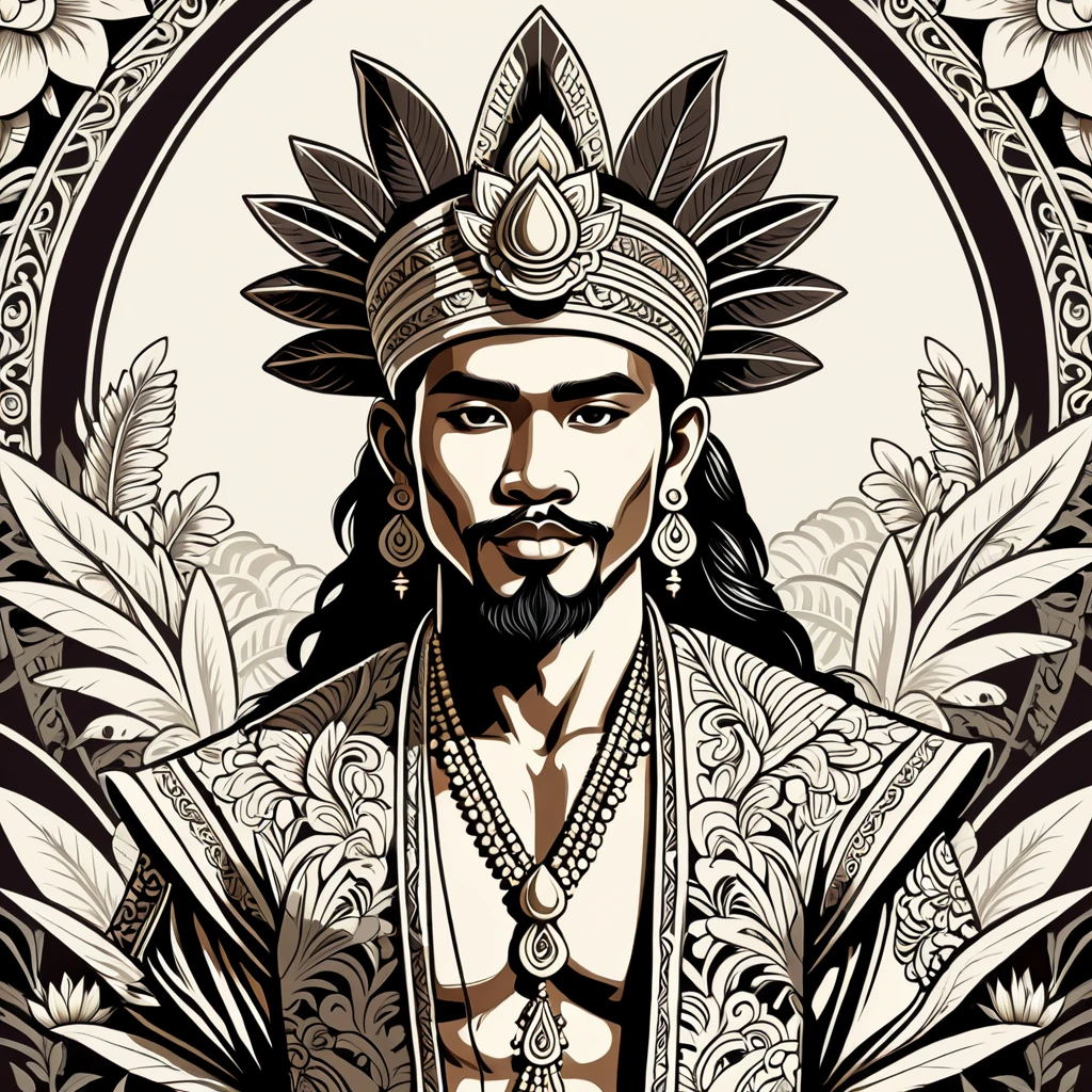 man in balinese folk outfit, vector graphics, strong contours
