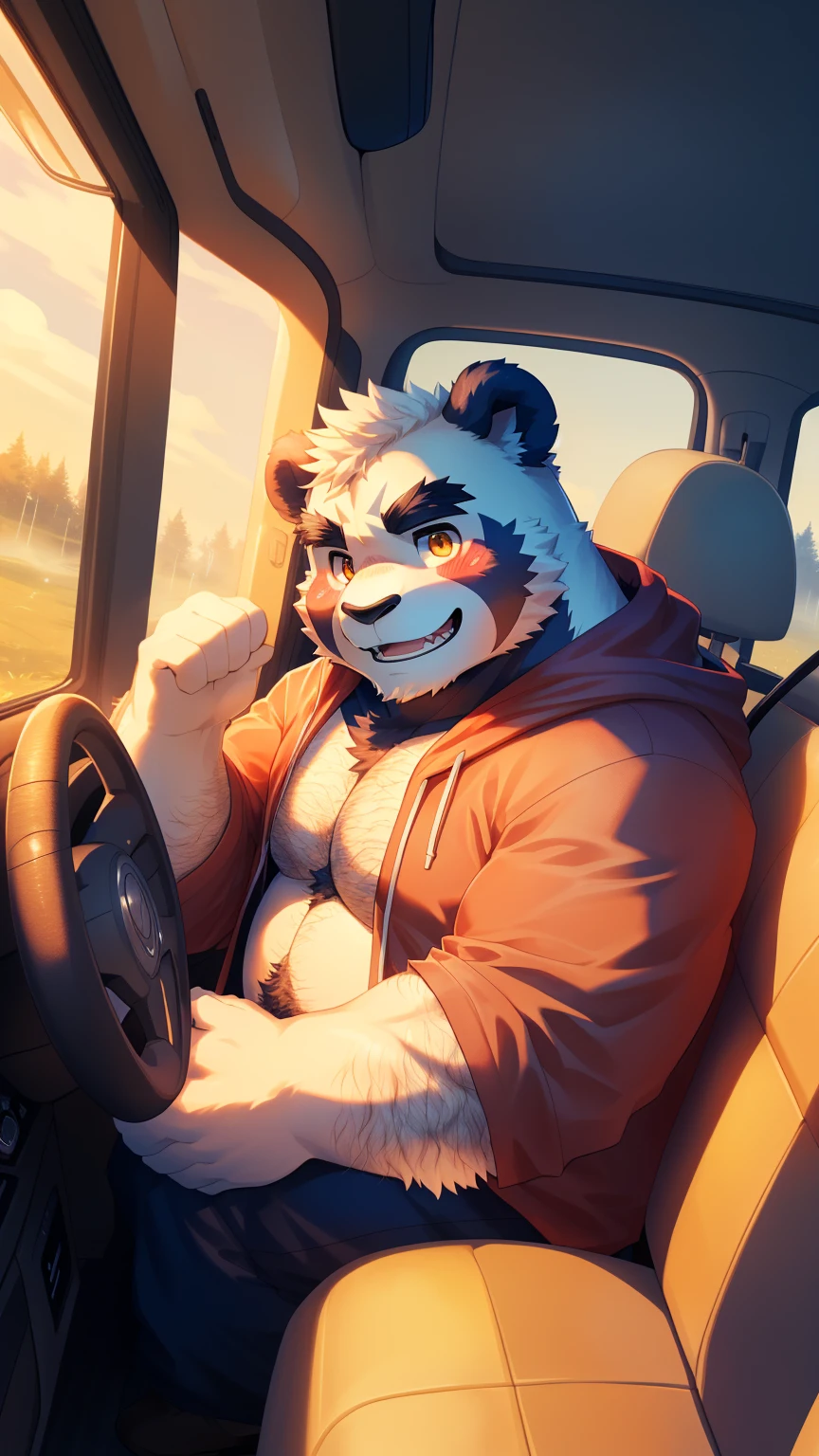 (Vision:1.5), solitary, anthropology, hairy, hairy male, Giant Panda, ((Fluffy fur, Fluffy, hairy body)), (panda print), (Thick eyebrows), youth, muscular, Golden pupils, Detailed teeth, defaced face, fundos, driver, Red hoodie, cab里, Driving, sideways, Shy expression, A faint smile, blush, (Dynamic poses:1.5), Clear facial features, Strong, majestic, alone, panoramic, Fog atmosphere, early morning, Tyndall Light Effect, cab, Sunlight through the car window, (By Empty Ghost, From panda20, masterpiece, high quality, high resolution,8K)