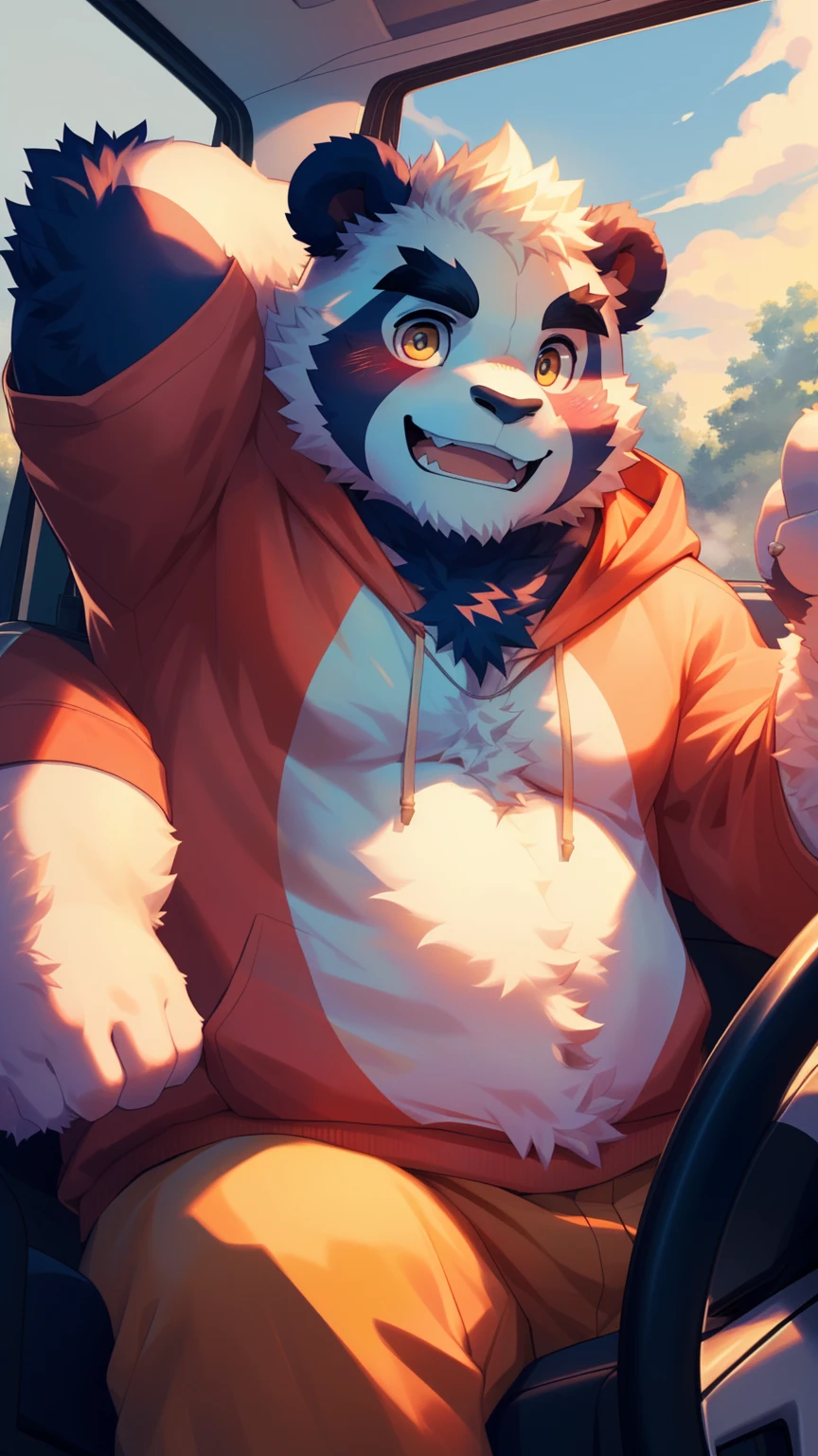 (Vision:1.5), solitary, anthropology, hairy, hairy male, Giant Panda, ((Fluffy fur, Fluffy, hairy body)), (panda print), (Thick eyebrows), youth, muscular, Golden pupils, Detailed teeth, defaced face, fundos, driver, Red hoodie, cab里, Driving, sideways, Shy expression, A faint smile, blush, (Dynamic poses:1.5), Clear facial features, Strong, majestic, alone, panoramic, Fog atmosphere, early morning, Tyndall Light Effect, cab, Sunlight through the car window, (By Empty Ghost, From panda20, masterpiece, high quality, high resolution,8K)
