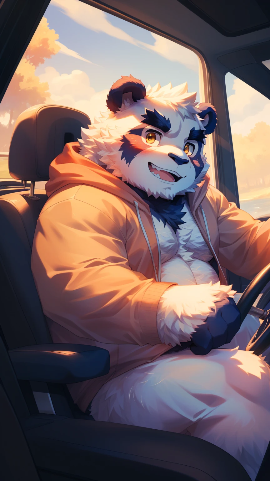 (Vision:1.5), solitary, anthropology, hairy, hairy male, Giant Panda, ((Fluffy fur, Fluffy, hairy body)), (panda print), (Thick eyebrows), youth, muscular, Golden pupils, Detailed teeth, defaced face, fundos, driver, Red hoodie, cab里, Driving, sideways, Shy expression, A faint smile, blush, (Dynamic poses:1.5), Clear facial features, Strong, majestic, alone, panoramic, Fog atmosphere, early morning, Tyndall Light Effect, cab, Sunlight through the car window, (By Empty Ghost, From panda20, masterpiece, high quality, high resolution,8K)
