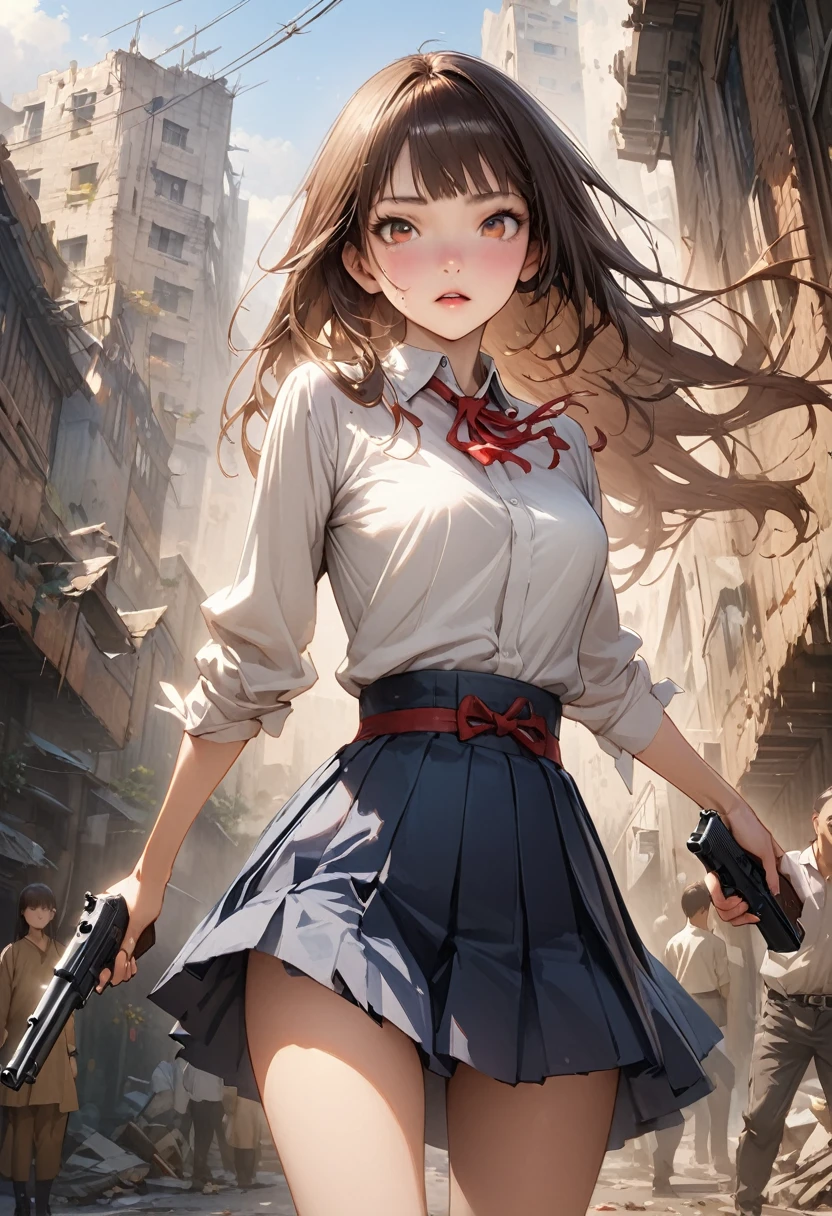Action Scenes、((A detailed depiction of a woman holding a handgun))、((masterpiece,Highest quality:1.3,best quality illustration,realistic:1.3)),cowboy shot,独奏,1woman,(18-year-old、Japanese Beauty),dark brown hair,long hair,bangs,brown eyes,gorgeous eyes,(very small head:1.3),(very long body:1.2,skinny),medium breasts,(Red ribbon tie、White long sleeve collared shirt、Navy blue pleated mini skirt),gleaming skin,toned body,slender body,sweat,Run,Ruined city、Collapsed building、、World of Blade Runner、