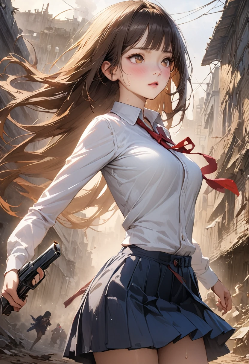 Action Scenes、((A detailed depiction of a woman holding a handgun))、((masterpiece,Highest quality:1.3,best quality illustration,realistic:1.3)),cowboy shot,独奏,1woman,(18-year-old、Japanese Beauty),dark brown hair,long hair,bangs,brown eyes,gorgeous eyes,(very small head:1.3),(very long body:1.2,skinny),medium breasts,(Red ribbon tie、White long sleeve collared shirt、Navy blue pleated mini skirt),gleaming skin,toned body,slender body,sweat,Run,Ruined city、Collapsed building、、World of Blade Runner、