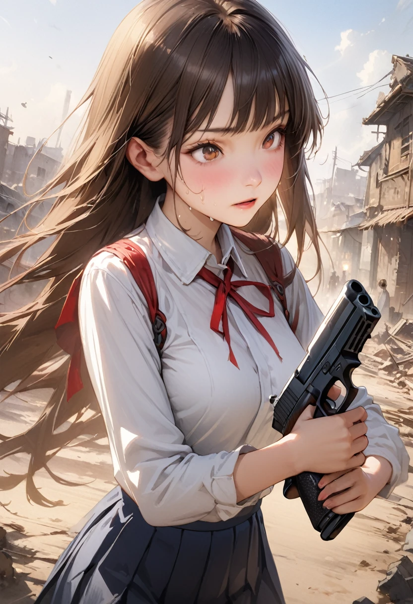 Action Scenes、((A detailed depiction of a woman holding a handgun))、((masterpiece,Highest quality:1.3,best quality illustration,realistic:1.3)),cowboy shot,独奏,1woman,(18-year-old、Japanese Beauty),dark brown hair,long hair,bangs,brown eyes,gorgeous eyes,(very small head:1.3),(very long body:1.2,skinny),medium breasts,(Red ribbon tie、White long sleeve collared shirt、Navy blue pleated mini skirt),gleaming skin,toned body,slender body,sweat,Run,Ruined city、Collapsed building、、World of Blade Runner、