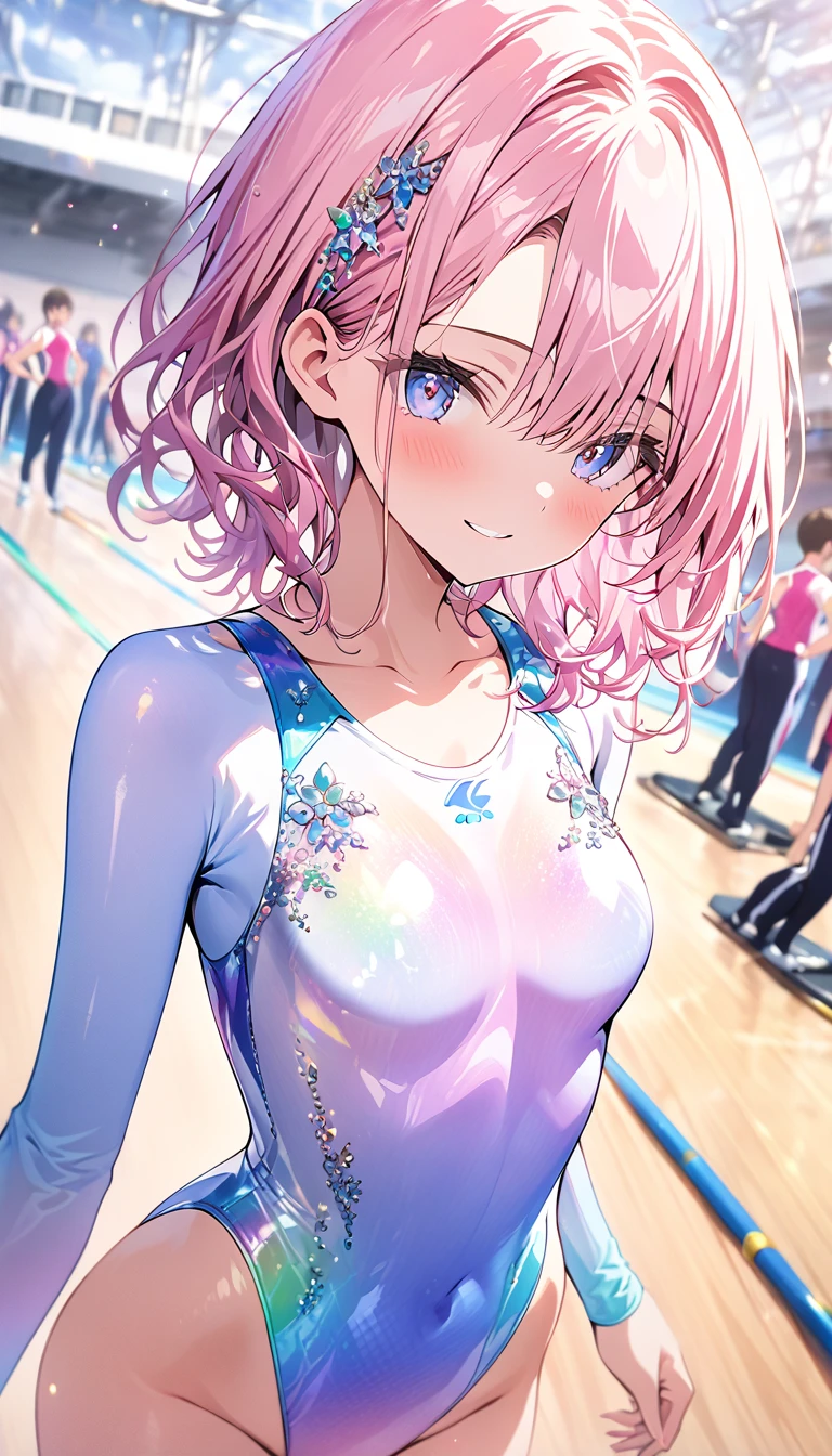 highquality illustration, masterpiece, very delicate and beautiful, attractive girl,(gymnastics leotard, Floral patterns leotard,long sleeve leotard with glittery decoration,high_leg leotard,athletic leotard,tight-fit leotard,iridescent gradient leotard,long-sleeve leotard),thin,slender body,slim,high school,gymnasium background,gymnastics club,gymnastics athlete,princess, beautiful eyes,light smile,(masterpiece, best quality:1.2), highres, extremely detailed CG unity 8k wallpaper, perfect lighting, Colourful, ultra-high res,4K,ultra-detailed, photography, 8K, HDR, ,cowboy shot,