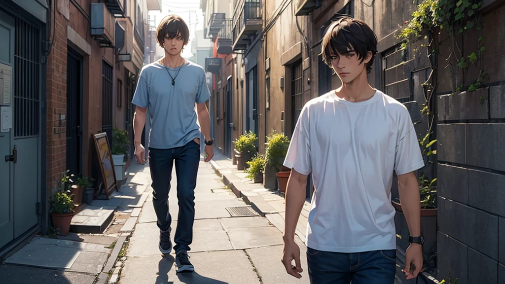 ((best quality)), ((Work of art)),((detailed)), man with an asshole expression on his face, short straight hair with bangs, casual clothes, walking down an alley
