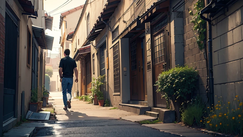 ((best quality)), ((Work of art)),((detailed)), man with an asshole expression on his face, short straight hair with bangs, casual clothes, walking down an alley