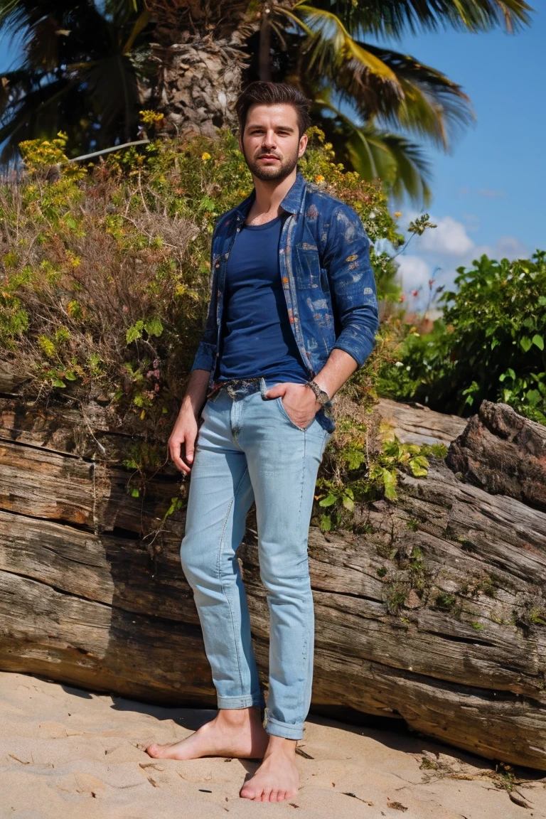 Realistic photo of solo handsome men standing in front of beach