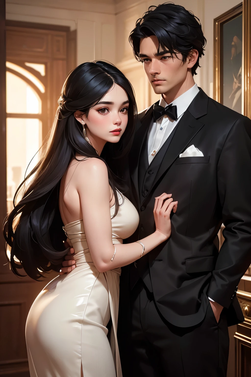 a girl and boy standing in a room looking at each other, girl with long black hair, boy in formal attire, (best quality,4k,8k,highres,masterpiece:1.2),ultra-detailed,(realistic,photorealistic,photo-realistic:1.37),intricate details, high quality lighting, warm color tones, cinematic composition, emotionally evocative, elegant and refined, romantic atmosphere