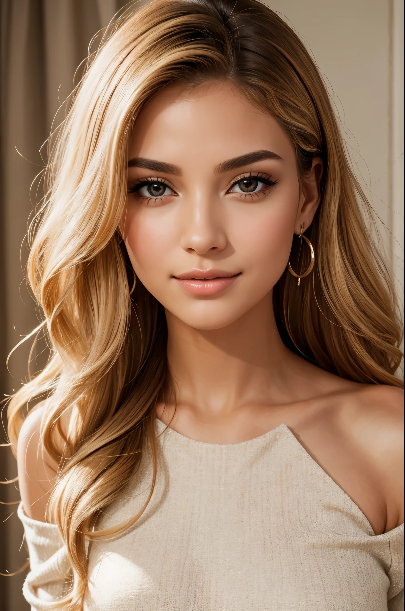 high resolution photo frontal portrait of a woman that has a striking and captivating appearance that exudes elegance and charm. She has long, flowing blonde hair that cascades down her shoulders, adding a touch of enchantment to her overall look. Her eyes are a mesmerizing shade of light brown, reminiscent of honey, and they sparkle with intelligence and warmth. Carolina's features are perfectly balanced, with an elegant nose and softly defined cheekbones. Her smile is radiant and infectious, lighting up the room whenever she enters. Her lips are naturally full and rosy, adding a touch of allure to her already captivating presence. Carolina takes great care of herself, maintaining a flawless complexion that glows with a healthy radiance. Her skin is smooth and has a warm, golden undertone, further enhancing her natural beauty. Carolina is known for her impeccable sense of style. She exudes confidence and sophistication, effortlessly pulling off a range of fashion looks. Her wardrobe is a carefully curated collection of elegant and chic pieces. Whether she's dressed in a tailored suit, a flowing evening gown, or casual yet trendy streetwear, she always manages to look effortlessly put together. She has a knack for accessorizing, often opting for statement jewelry that adds a touch of glamour to her outfits. In terms of physical type, Carolina is a wonderful woman in body and soul, she has a perfect body, thick and strong legs, a big ass, big tits, a slender and sculptural figure. detailed skin features, detailed facial features. She possesses a graceful and confident posture, which accentuates her overall allure and magnetic presence. Overall, Carolina Ramos is a vision of beauty, charm, and sophistication. With her captivating appearance and radiant personality, she effortlessly commands attention and leaves a lasting impression on everyone she meets --style raw --ar 3:4 --v 6.0