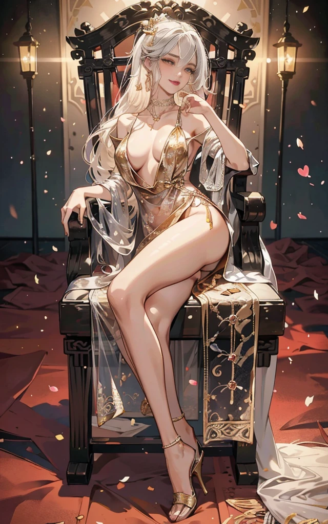 A sexy and seductive girl, 20 age old, heart sharp, Peach blossom eyes, Smoky makeup, Dark eyeshadow, Heavy makeup, white hair, Qi bangs long hair, jewelry, Bracelet, choker necklace, gyuru, Luxurious gold-toned lace-trimmed high-forked sheer hanshirt, Stiletto pointed toe heels, (Bare legs), Sexual temptation, Teasing expressions, Lift up your skirt, sitting on an royal throne, sexual teasing, Sexual suggestiveness, putting makeup on, A seductive smile, Kinky laughter, Obscene atmosphere, A sense of luxury, Chinese court, Chinese style, Oriental flair, lamp lights, hyper HD, masterpiece, 8K, best quality, curate, anatomy correct, highly detailed character, Stiletto heels, Bare legs, plump,, round and smooth bare legs, (8K, RAW photographs, best quality, masterpiece:1.2), ((role) concept-art), full body concept, fine detail, center of screen, rm hair ornament,, See-through,, trinkets,