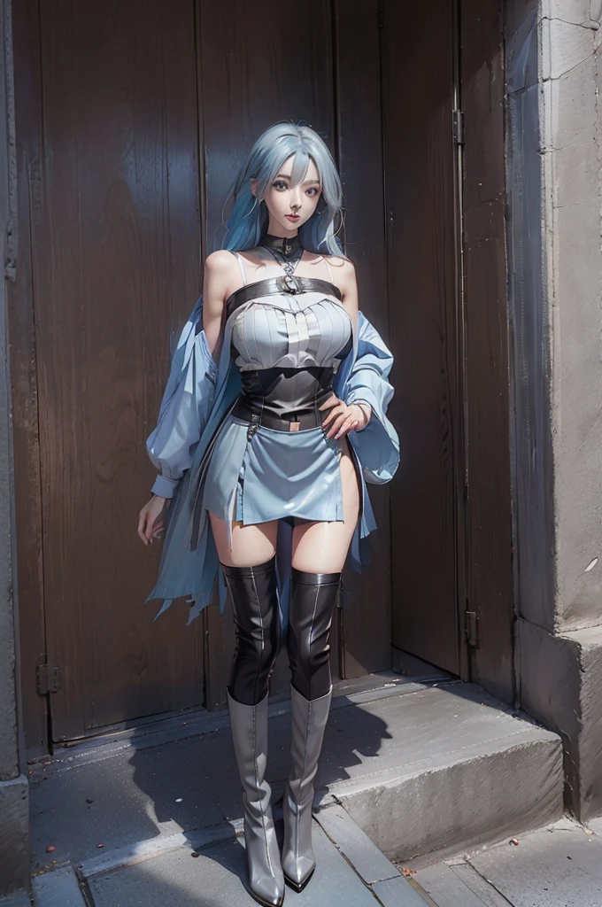 ((Full body, standing)) ((Long legs, beautiful legs, big breasts)) ((Beautiful Empress)) ((Leather mini skirt, Tights, high heel boots)) ((Gothic fashion)) ((Long silver-blue hair, silver eyes)) ((anatomically correct))((ultra high quality))