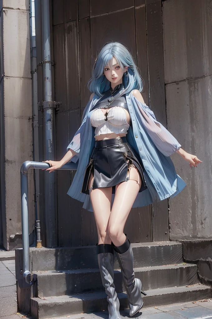 ((Full body, standing)) ((Long legs, beautiful legs, big breasts)) ((Beautiful Empress)) ((Leather mini skirt, Tights, high heel boots)) ((Gothic fashion)) ((Long silver-blue hair, silver eyes)) ((anatomically correct))((ultra high quality))