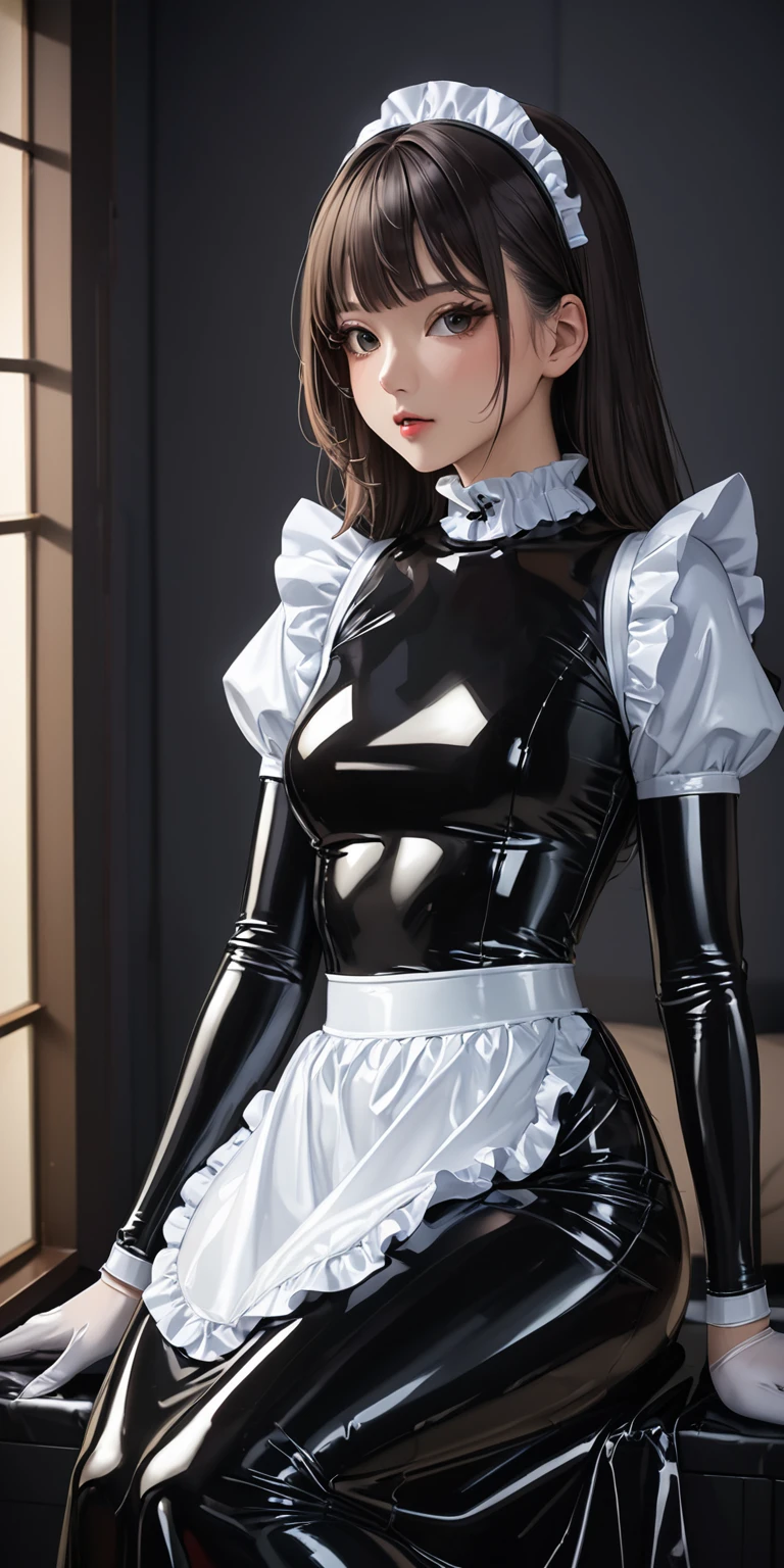 Portraiture、(masterpiece,Highest quality,Ultra-high resolution),Japanese women, (((Very beautiful 25 year old girl))),(Latex Maid Clothing)、((Latex Long Skirt))、(A long-sleeved latex shirt that covers the upper body)、Latex gloves、Latex socks、Latex bodysuit、Frills、The clothes fit snugly to the body、Latex is very shiny、Dark Room、