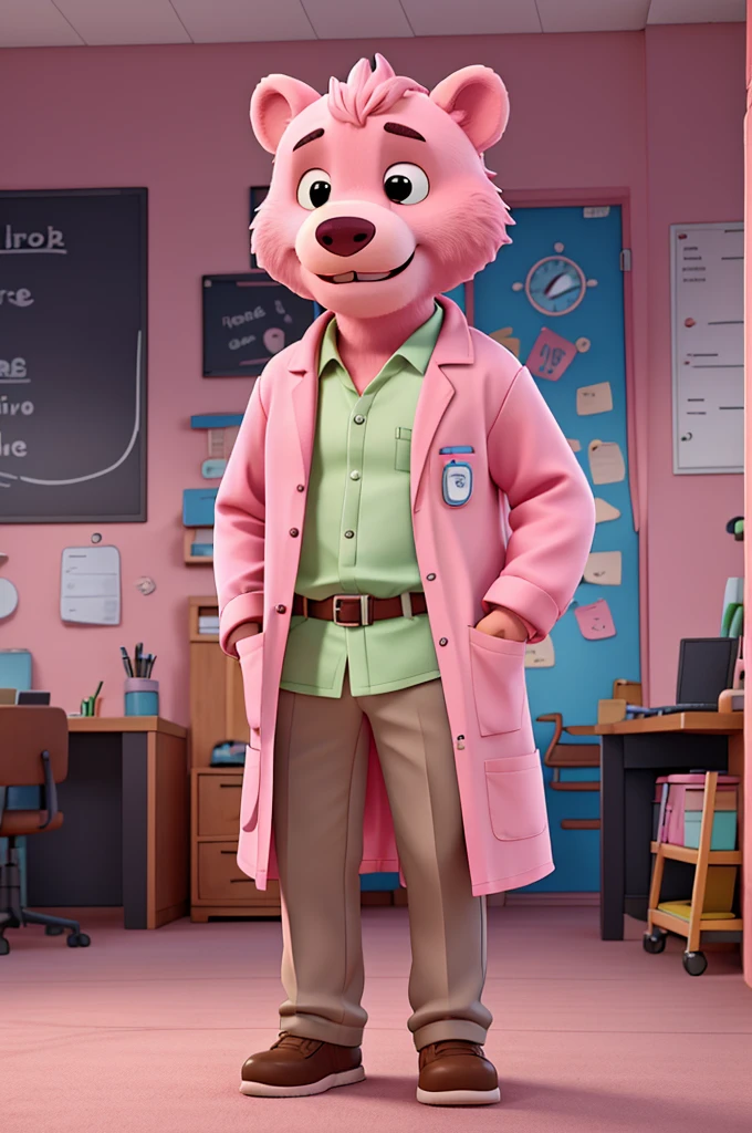 cartoon of a pink bear in a lab coat, with smartphone in his left pocket, holding a notebook in his right hand and a pen in his left, both hands in front of his body. On the back a studio reception with the writing RECEPTION on the wall, illustration style