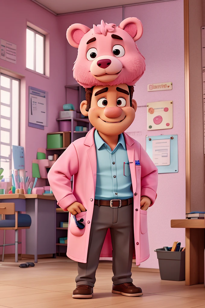 cartoon of a pink bear in a lab coat, with smartphone in his left pocket, holding a notebook in his right hand and a pen in his left, both hands in front of his body. On the back a studio reception with the writing RECEPTION on the wall, illustration style