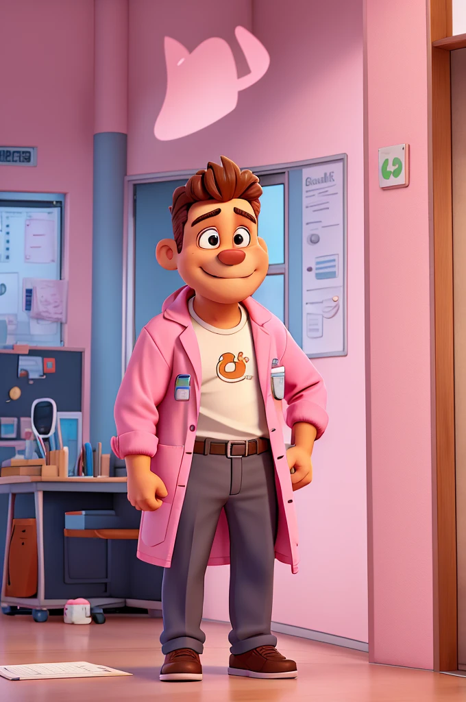 cartoon of a pink bear in a lab coat, with smartphone in his left pocket, holding a notebook in his right hand and a pen in his left, both hands in front of his body. On the back a studio reception with the writing RECEPTION on the wall, illustration style