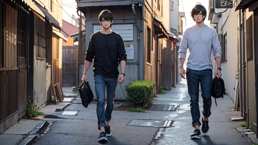 ((best quality)), ((Work of art)),((detailed)), man with an asshole expression on his face, short straight hair with bangs, casual clothes, walking down an alley