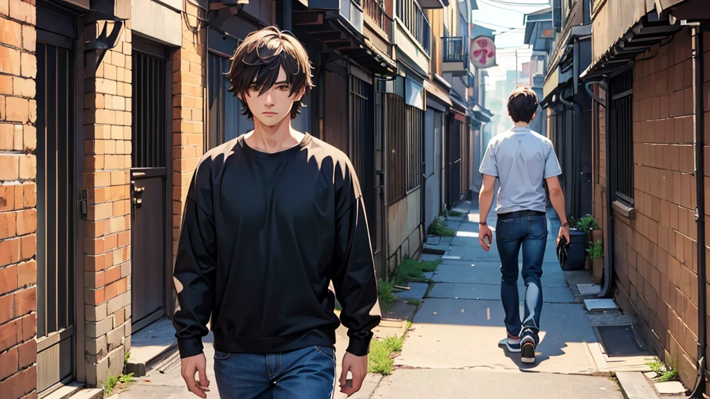 ((best quality)), ((Work of art)),((detailed)), man with an asshole expression on his face, short straight hair with bangs, casual clothes, walking down an alley