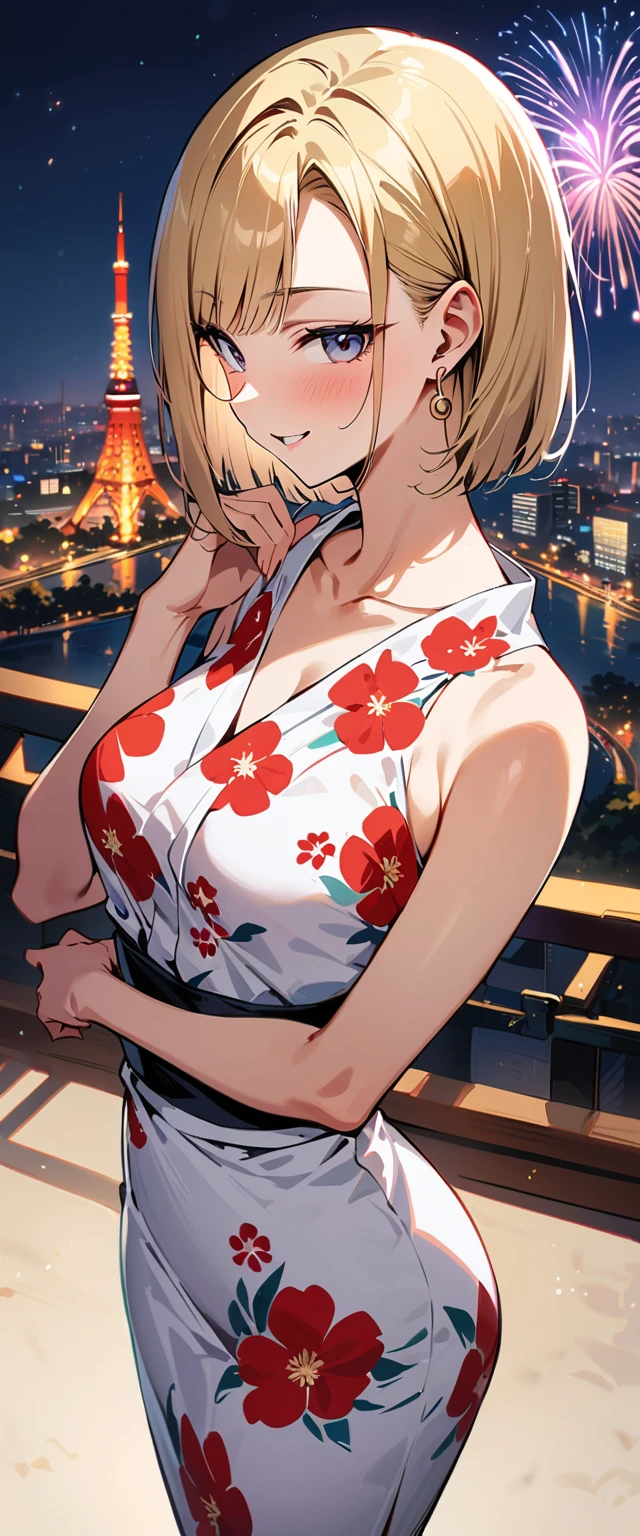 (masterpiece, best quality:1.2),1girl, (solo), Android 18 from Dragon Ball, ((floral print white kimono)), medium breasts, blunt bangs, blonde short hair, (black eyes), earrings on earlobes, slim, slender feminine figure, skinny body, blush, magnificent view, blur background, 4K, open mouth, smile, Tokyo Tower, firework, arms open, collarbone,