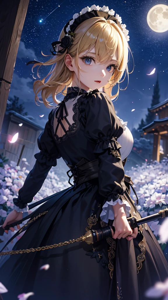 masterpiece, high quality, 4K, Beautiful design, silhouette，blonde， 非常に詳細な夜のStarry Sky,Flower Field， wonderful, Finer details,  Very knowledgeable woman, Highly detailed solo, 1 female,Big Breasts，Gothic Lolita Fashion，Night view，Starry Sky，full moon，