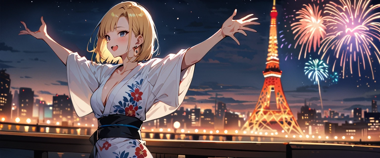(masterpiece, best quality:1.2),1girl, (solo), Android 18 from Dragon Ball, ((floral print white kimono)), medium breasts, blunt bangs, blonde short hair, (black eyes), earrings on earlobes, slim, slender feminine figure, skinny body, blush, magnificent view, blur background, 4K, open mouth, smile, Tokyo Tower, firework, arms open, collarbone,
