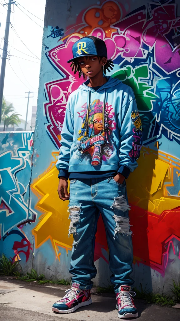 Full color drawing of  Jamaica  hip-hop, hip-hop, hip-hop, hip-hop, baggy jeans, rapping (((graffiti art) (by Karen Griffith))), in a sea background, crazy details, intricate details, hyper details , Low Contrast, Cinematic Soft Light, Exposure Blend, HDR, Front