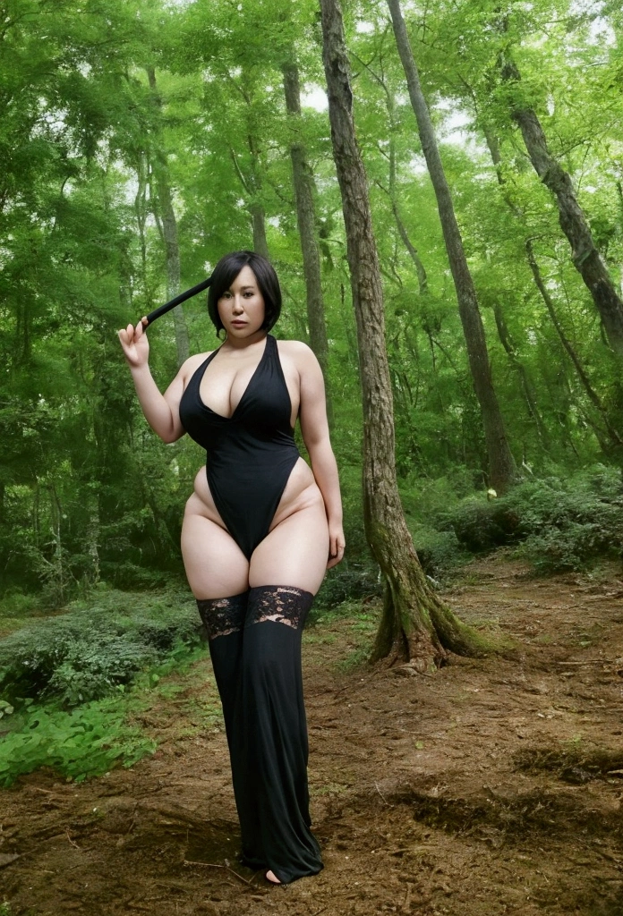 45 years old.A woman wearing sexy black disastrous dragon metal bikini armor in the forest and holding a magic wand. She looks me with a bewitching expression on her face with her big buttocks facing us while checking out the enemy in front of her. Armor covering only her nipples and crotch. Indecent and disastrous shaped armor with large breasts, buttocks and thighs exposed.masterpiece,Super detailed,Sharp focus,High resolution,Bob Hair,Black Short Hair,Curvaceous adult body,Cleavage,excessive (Looking down at the viewer:1.2),Thick thighs,Curvaceous adult body,45 years old. A woman similar to Hitomi Kuroki, She has large J-cup breasts. Erect nipples.A motherly look 