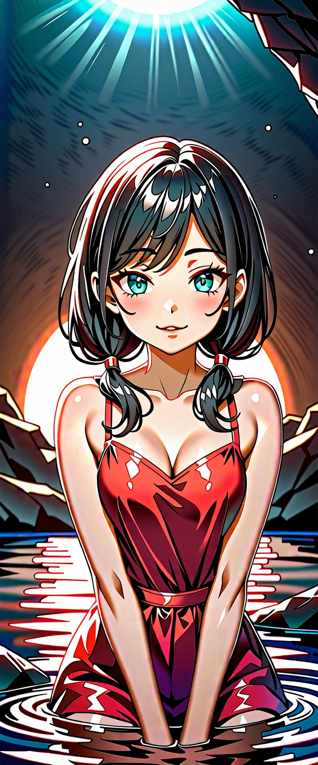 Photo of a woman with natural skin, Seaside cave, The light is shining in, Upper Body, Smiling, High Twintails, Black hair with red mesh, Sharp eyes with red eyeshadow, Blue-green eyes, Shining eyes, A thin, upturned nose, Well-shaped lips, ((Black off-the-shoulder dress, Thin shoulder straps)), barefoot, Makeup, Exquisitely crafted with the utmost attention to detail, Vibrant, amazing, Smooth, Cinematic, 4K, Backlight, (()), Shallow depth of field, ((Detailed eyes:1.3, Detailed lips:1.3, high quality, )), masterpiece, Super detailed images, High quality