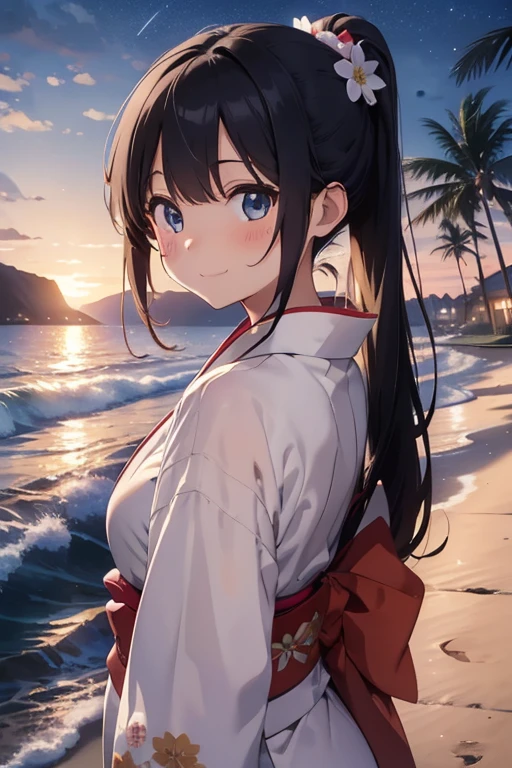 Masterpiece, best quality, high quality, 4K, One girl, solo, wears Summer Kimono, Light-colored kimono, White-headed flower on the kimono, has Blue Eyes, Black ponytail hair, firework on the sky, firefly, in the Beach, Smile, Night Sky, Walk by the sea, blush on her face