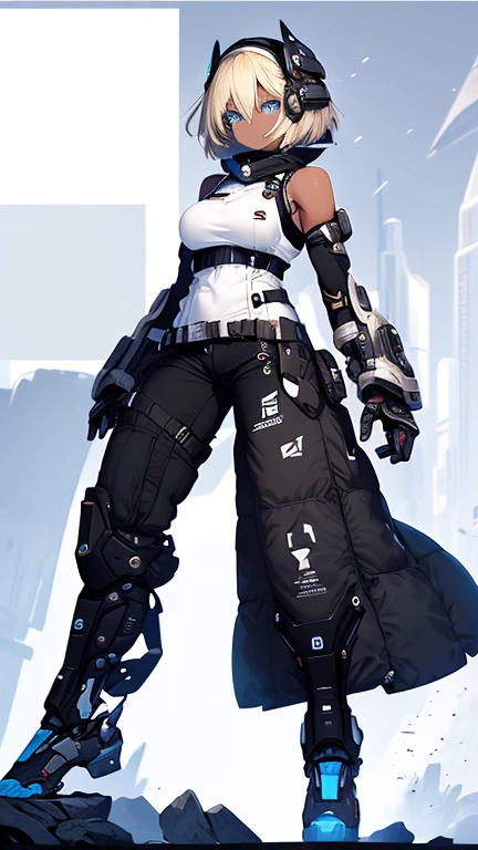 ((Highest quality)),masterpiece,Ultra-high resolution,One Woman,A dark-skinned woman in her 20s,Anime Women,Short blonde hair,Asymmetrical Shorts,blue eyes,Rin々Nice face,A listless look,Lazy face,White sleeveless shirt,Black tight pants style,Elbow-length battle mecha gloveetallic high-tech battle boots,