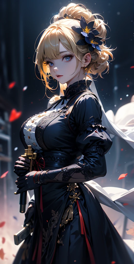 masterpiece, high quality, 4K, Beautiful design, silhouette,blonde, 非常に詳細な夜のStarry Sky,Flower Field, wonderful, Finer details, Very knowledgeable woman, Highly detailed solo, 1 female,Big Breasts,Red Gothic Lolita Fashion,2Hold the gun in front of your chest.,Night view,Starry Sky,full moon,